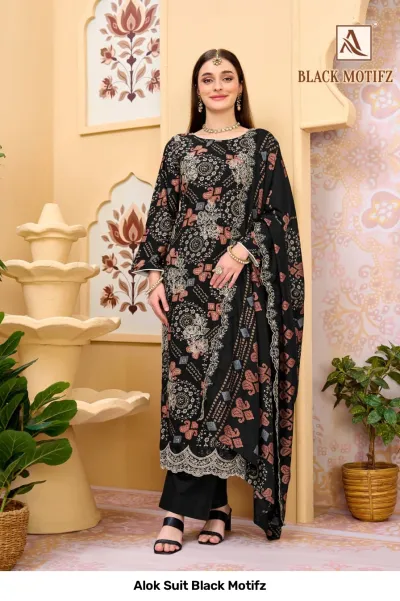 Alok Suit Black Motifz: Black salwar suit with geometric and floral printed patterns, featuring delicate thread work embroidery throughout.