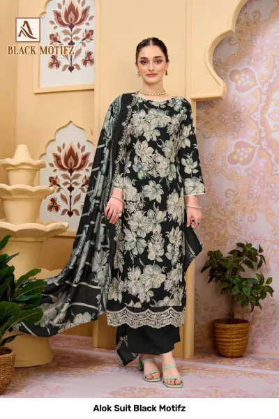 Alok Suit Black Motifz: Black salwar suit featuring large floral prints and subtle thread work, with a matching black dupatta.