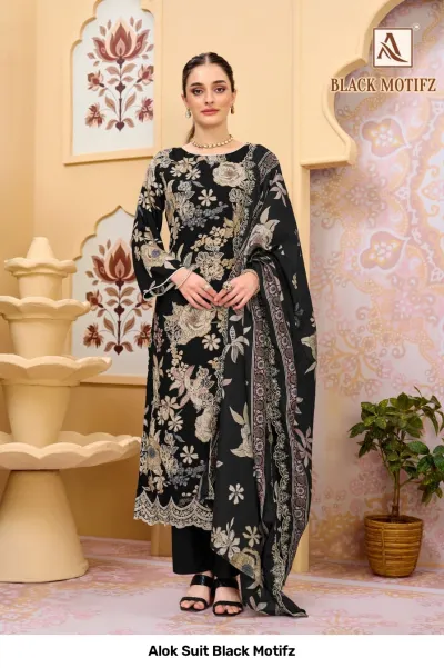 Alok Suit Black Motifz: Black salwar suit featuring a floral printed kurti with intricate thread work and a matching dupatta.