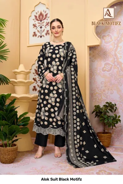Alok Suit Black Motifz: Black salwar suit with a polka dot print, featuring thread work embroidery on the kurti and dupatta.