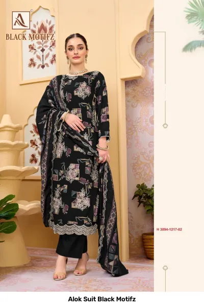 Alok Suit Black Motifz: Black salwar suit with abstract printed patterns and detailed thread work embroidery, including dupatta.