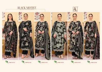 Alok Suit Black Motifz: Catalog cover showing a collection of six different black salwar suit designs featuring various printed patterns and embroidery.