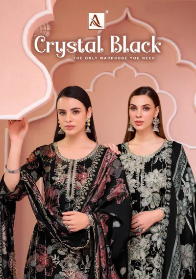 Alok Suit Crystal Black catalog cover displaying a collection of black salwar suits with floral prints and embroidery.