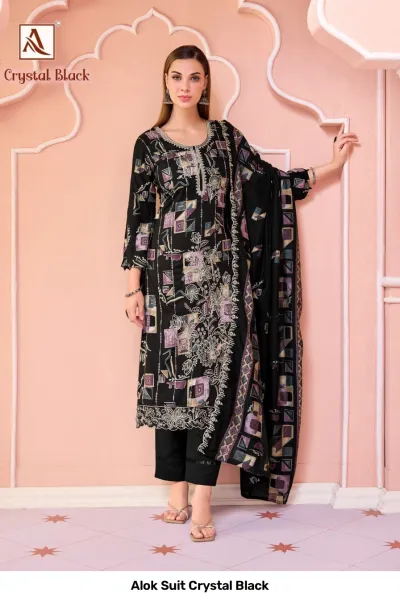 Alok Suit Crystal Black black salwar suit with geometric print, thread work, and dupatta.