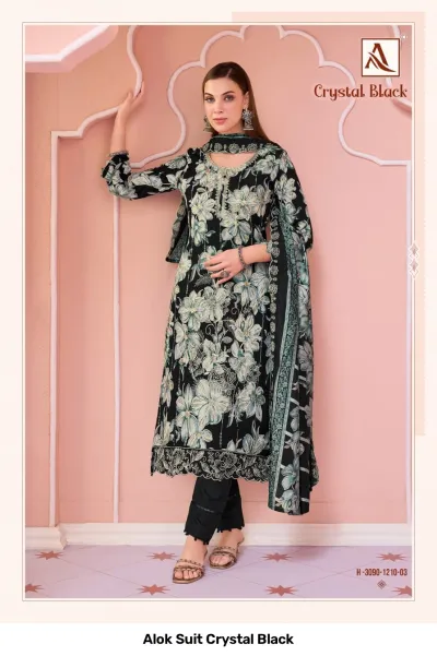 Alok Suit Crystal Black black salwar suit with large floral print, zari work, and matching dupatta.