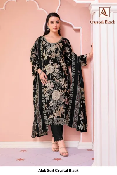 Alok Suit Crystal Black black salwar suit with detailed floral print, embroidery, and matching dupatta.