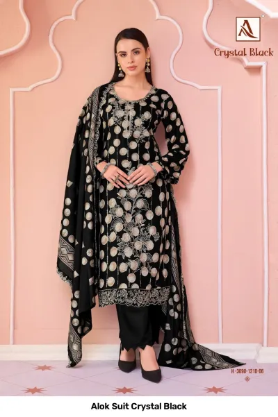 Alok Suit Crystal Black black salwar suit with dot pattern, floral thread work, and embroidered dupatta.