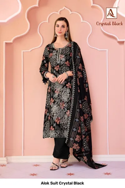 Alok Suit Crystal Black black salwar suit with intricate floral print, thread work, and black dupatta.