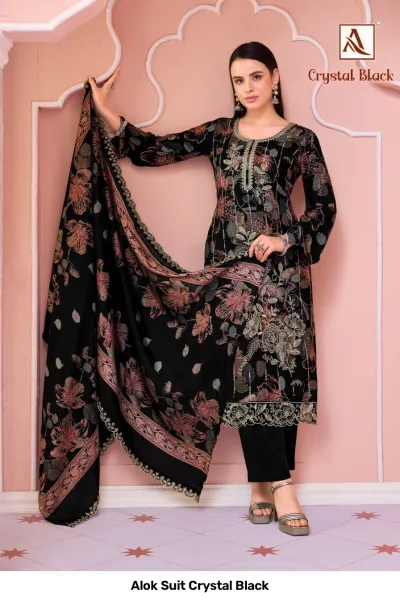Alok Suit Crystal Black black salwar suit featuring floral prints, thread work embellishments, and dupatta.
