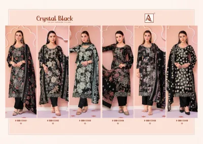 Alok Suit Crystal Black catalog collage displaying multiple black salwar suit designs with floral and geometric patterns.