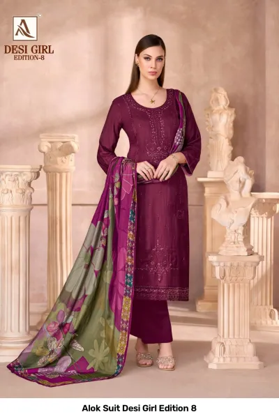 Alok Suit Desi Girl Edition 8 — Viscose Muslin Designer Embroidery Work, Semi Stitched Suits, Alok Suit wholesale from Surat — view 2