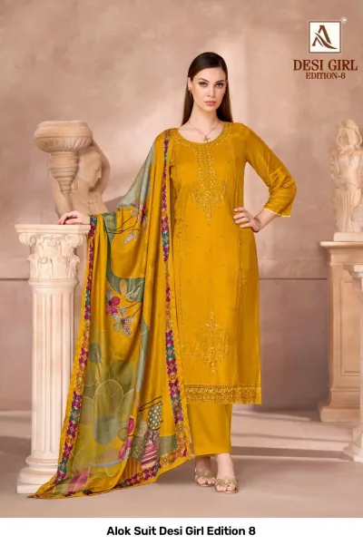 Alok Suit Desi Girl Edition 8 — Viscose Muslin Designer Embroidery Work, Semi Stitched Suits, Alok Suit wholesale from Surat — view 3
