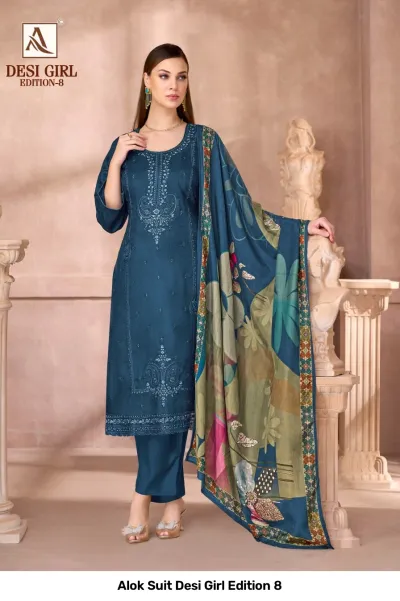 Alok Suit Desi Girl Edition 8 — Viscose Muslin Designer Embroidery Work, Semi Stitched Suits, Alok Suit wholesale from Surat — view 6