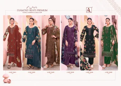Alok Suit Diamond Beats Premium: Catalog collage featuring six different colored salwar suits with floral prints and embroidery.
