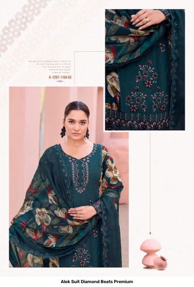 Alok Suit Diamond Beats Premium: Dark green salwar suit featuring floral print dupatta and detailed thread work embroidery.