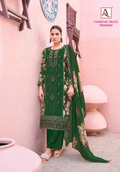 Alok Suit Diamond Beats Premium: Deep green salwar suit with floral print dupatta, thread work, and zari embroidery.