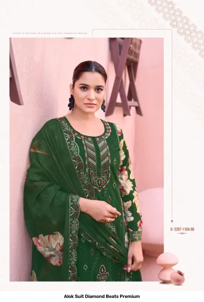Alok Suit Diamond Beats Premium: Dark green salwar suit with floral printed dupatta, thread work, and zari embroidery detailing.