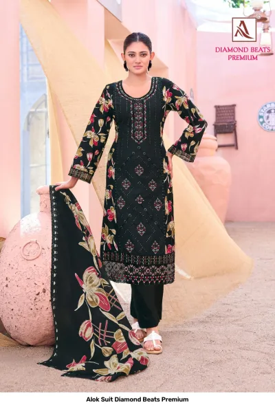 Alok Suit Diamond Beats Premium: Black salwar suit with floral print dupatta and intricate thread work embroidery.