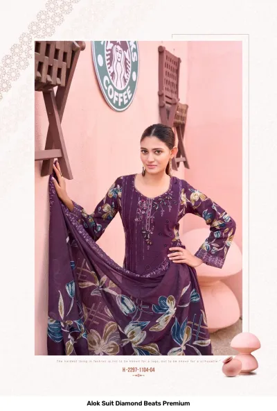 Alok Suit Diamond Beats Premium: Deep purple salwar suit featuring floral print dupatta and detailed thread work embroidery.