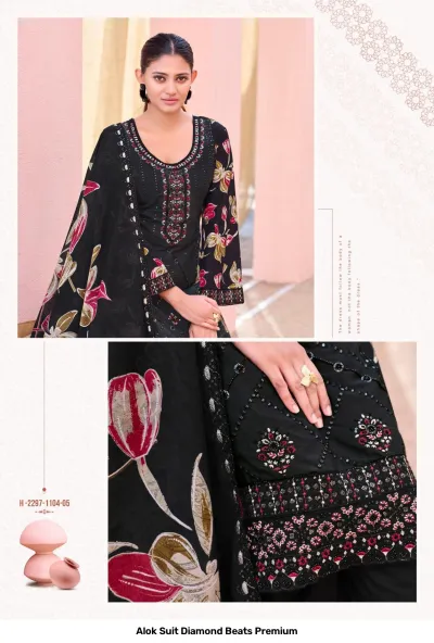 Alok Suit Diamond Beats Premium: Black salwar suit featuring floral printed dupatta, heavy thread work, and zari embroidery.