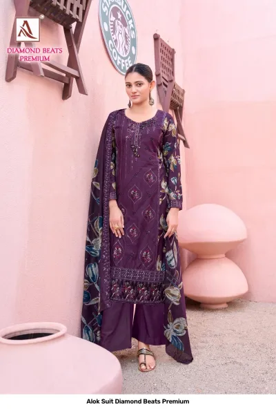 Alok Suit Diamond Beats Premium: Deep purple salwar suit with floral print dupatta and intricate thread work on the kurti.