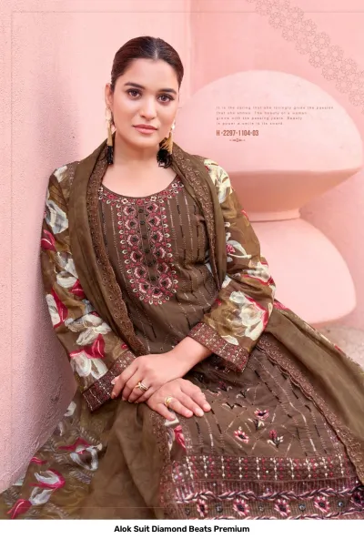 Alok Suit Diamond Beats Premium: Brown salwar suit featuring floral print dupatta and delicate thread work embroidery.