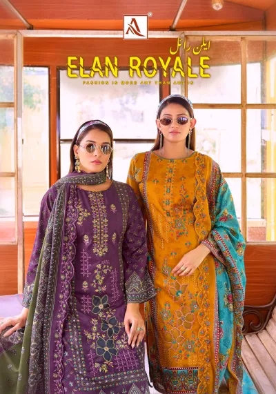 Alok Suit Elan Royale: Catalog cover displaying two models wearing printed salwar suits in purple and mustard yellow with thread work.