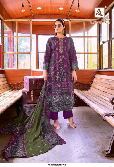 Alok Suit Elan Royale: Model wearing a purple printed straight-cut salwar suit with thread work embroidery and matching dupatta.