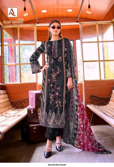 Alok Suit Elan Royale: Model wearing a black printed straight-cut salwar suit with intricate floral thread work embroidery and dupatta.