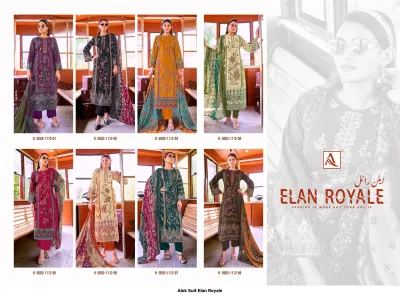 Alok Suit Elan Royale: Catalog collage showcasing eight different designs of the Elan Royale collection featuring various printed salwar suits.
