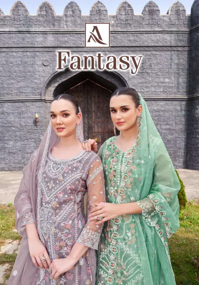 Alok Suit Fantasy: Catalog cover showing two women in embroidered floral salwar suits with sheer dupattas in mauve and green.