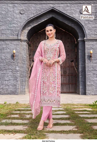Alok Suit Fantasy: Pink salwar suit with floral thread work embroidery and sheer dupatta, styled with matching pants.