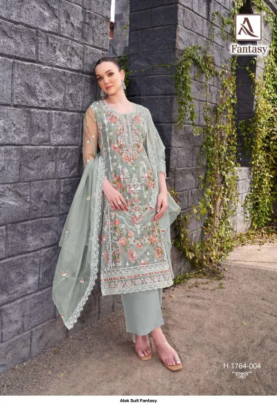 Alok Suit Fantasy: Sage green salwar suit featuring intricate floral thread work, long sleeves, and a coordinating sheer dupatta.