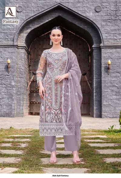 Alok Suit Fantasy: Mauve salwar suit with detailed white thread work embroidery, paired with matching pants and a sheer dupatta.