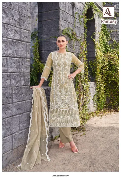 Alok Suit Fantasy: Olive green salwar suit with floral thread work, sheer sleeves, and an embroidered edge dupatta.