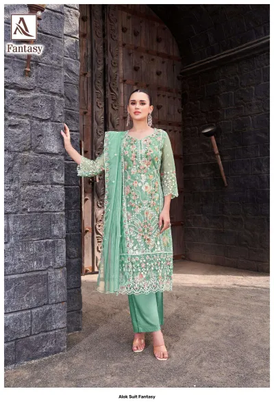 Alok Suit Fantasy: Mint green salwar suit with elaborate floral thread work, paired with matching pants and a sheer dupatta.