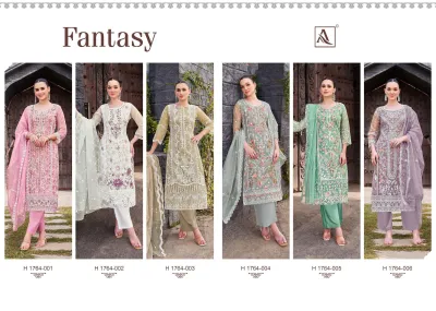 Alok Suit Fantasy: Catalog collage displaying six different embroidered salwar suit sets with sheer dupattas and varied color schemes.