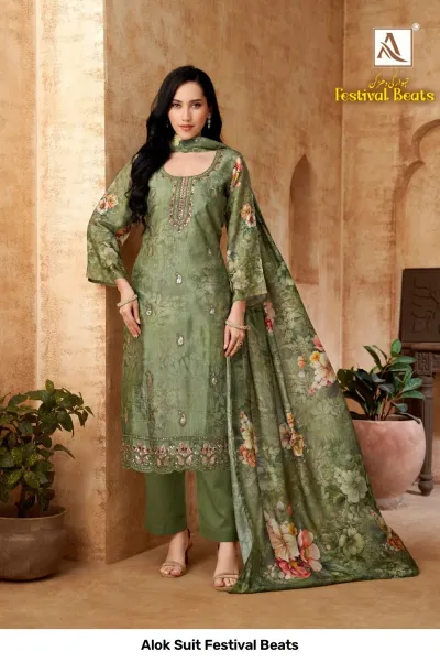 Alok Suit Festival Beats: Green salwar suit with floral print, embroidery, and zari work on the kurti and dupatta.