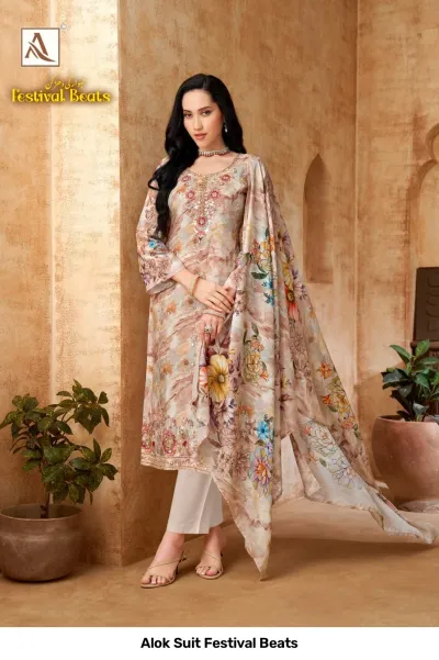 Alok Suit Festival Beats: Beige salwar suit with abstract and floral print, featuring light thread work and zari embellishments.