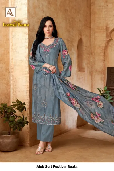 Alok Suit Festival Beats: Grey salwar suit with floral print, featuring detailed thread and zari embroidery work on the kurti.