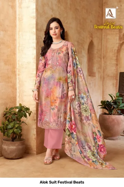 Alok Suit Festival Beats: Pink and multi-color pastel floral printed salwar suit with subtle zari work embroidery.