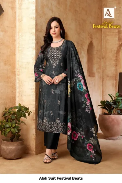 Alok Suit Festival Beats: Black salwar suit with floral printed dupatta, detailed thread work, and zari embroidery on the kurti.