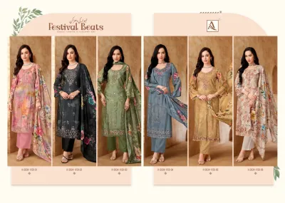 Alok Suit Festival Beats: Catalog collage displaying six different color variations of printed salwar suits with matching dupatta and trousers.