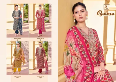 Alok Suit Gulma: A catalog page displaying four different models in printed salwar suits with zari work embroidery and matching dupattas.