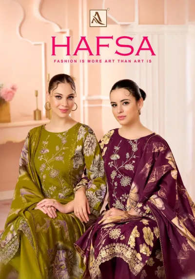 Alok Suit Hafsa: Catalog cover/collage displaying multiple salwar suit designs with floral prints and embroidery.