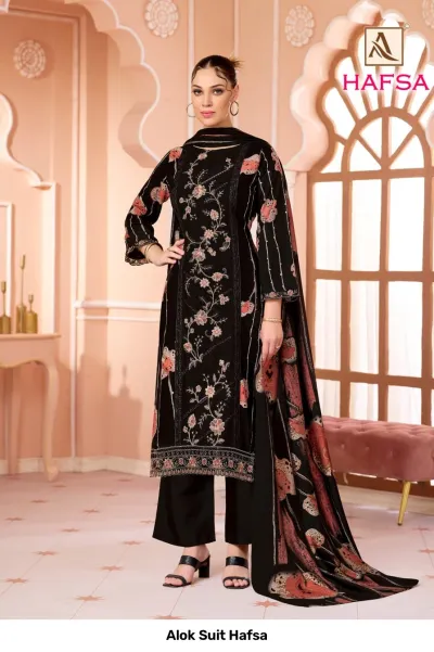 Alok Suit Hafsa: Black salwar suit with floral print, thread work, and matching dupatta.