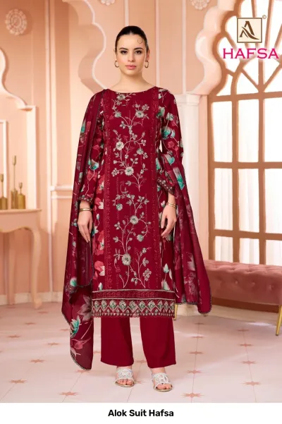 Alok Suit Hafsa: Maroon salwar suit with floral embroidery, thread work, and printed dupatta.
