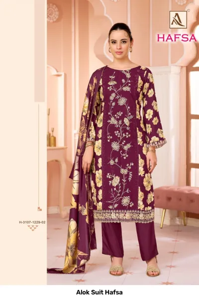 Alok Suit Hafsa: Purple salwar suit with floral print, embroidery detail, and matching dupatta.