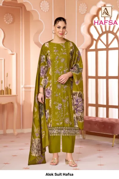Alok Suit Hafsa: Olive green salwar suit with floral print, embroidery, and matching dupatta.