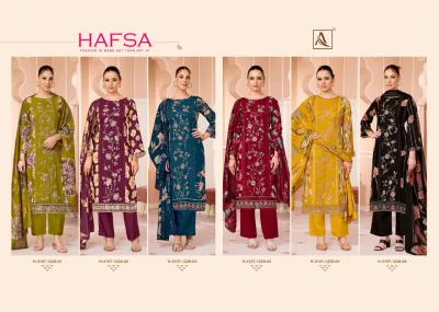 Alok Suit Hafsa: Catalog cover/collage showing six different colored salwar suit designs.